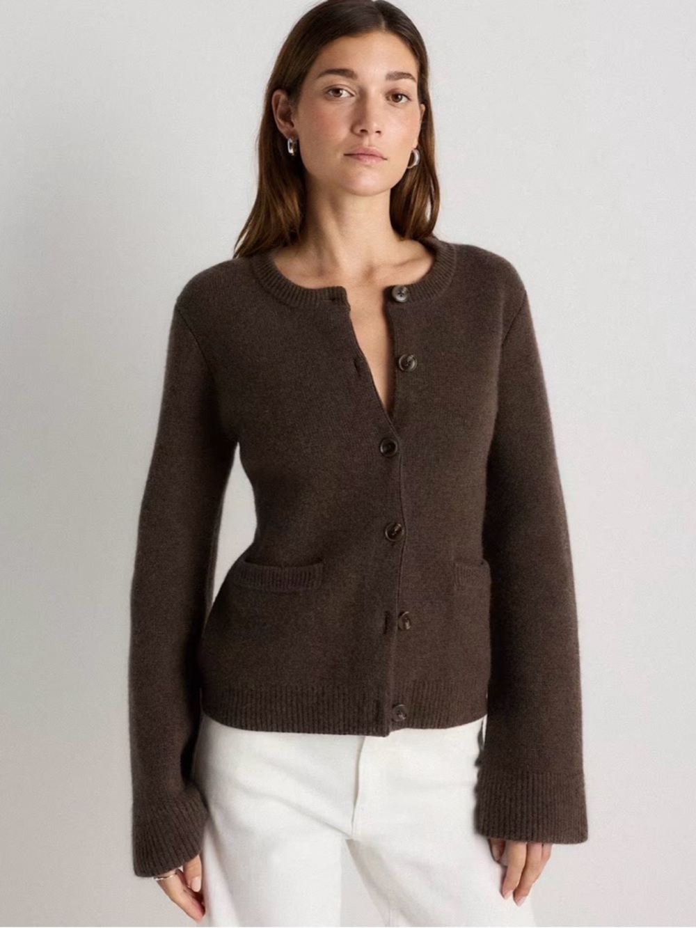 Quince Women's Mongolian Cashmere Taupe Button-Front Knit Cardigan Sweater SizeM